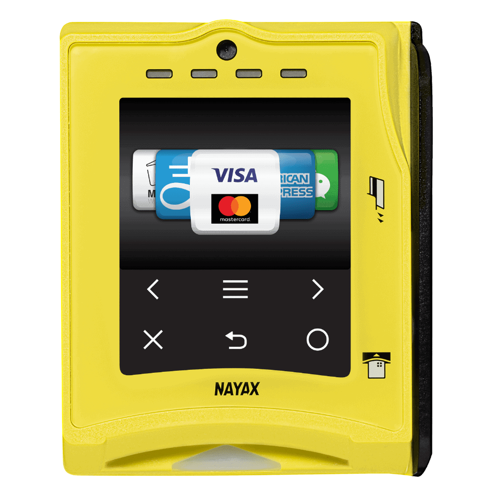 Yellow portable electronic device with a small screen showing credit card logos including Visa, Mastercard, and American Express.