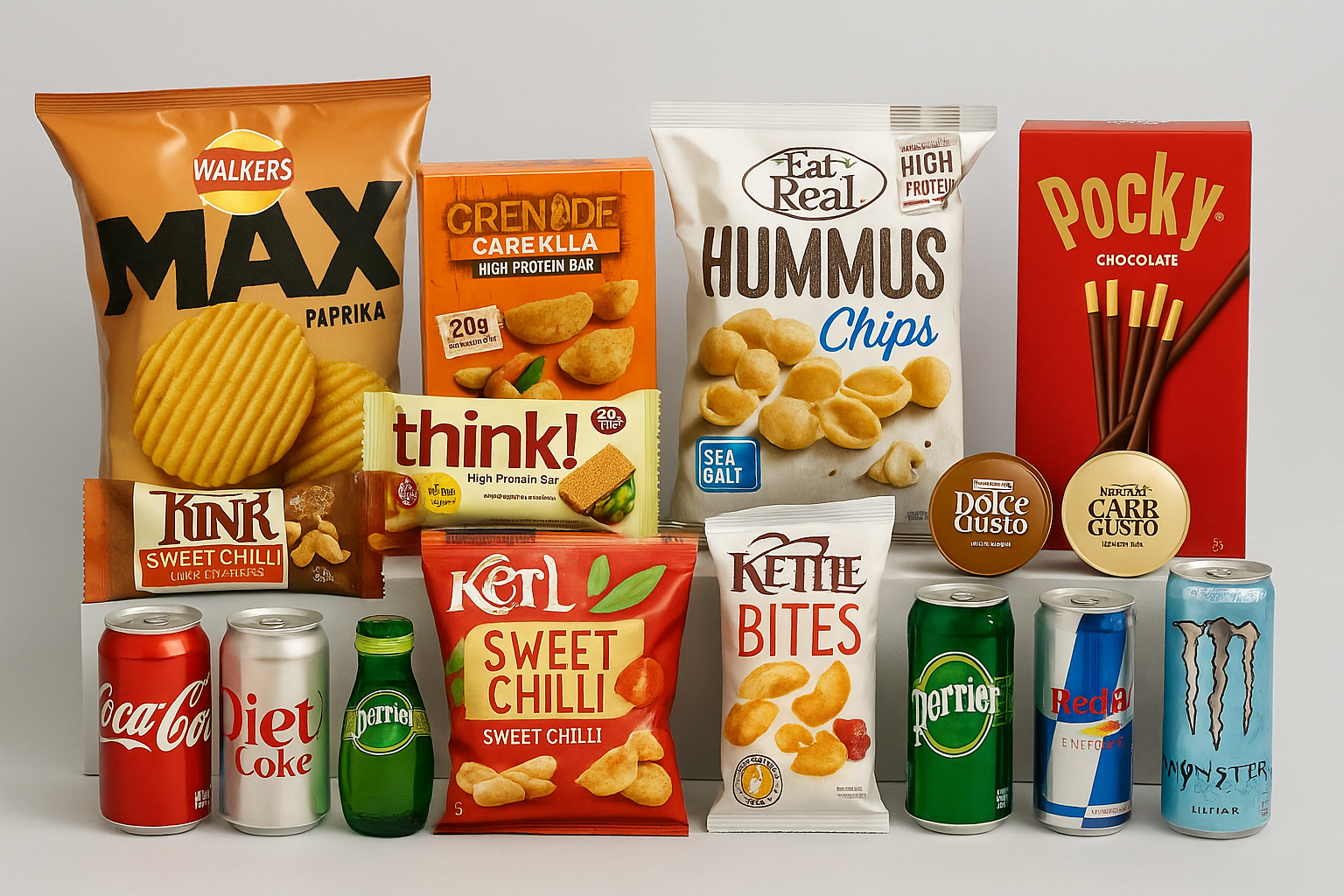Arrangement of snack items including potato chips, protein bars, hummus chips, chocolate, flavored drinks, soda cans, and energy drinks.