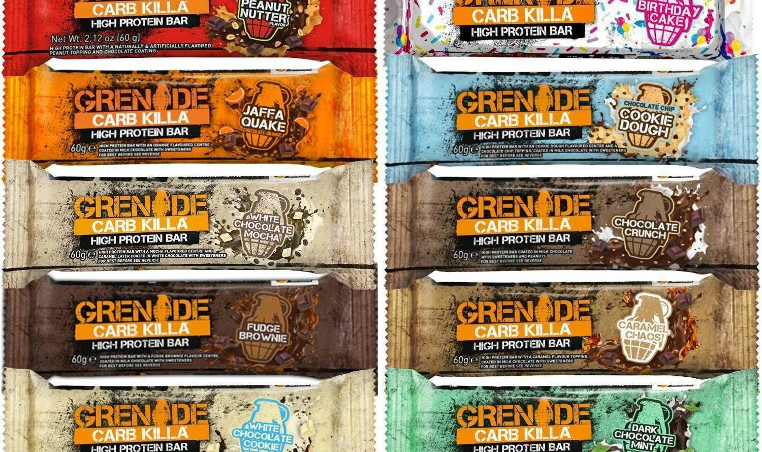 Assorted Grenade Carb Killa high protein bars with different flavors, including peanut butter, cookie dough, white chocolate mocha, fudge brownie, white chocolate cookie, caramel chaos, and dark chocolate mint, organized on a surface.
