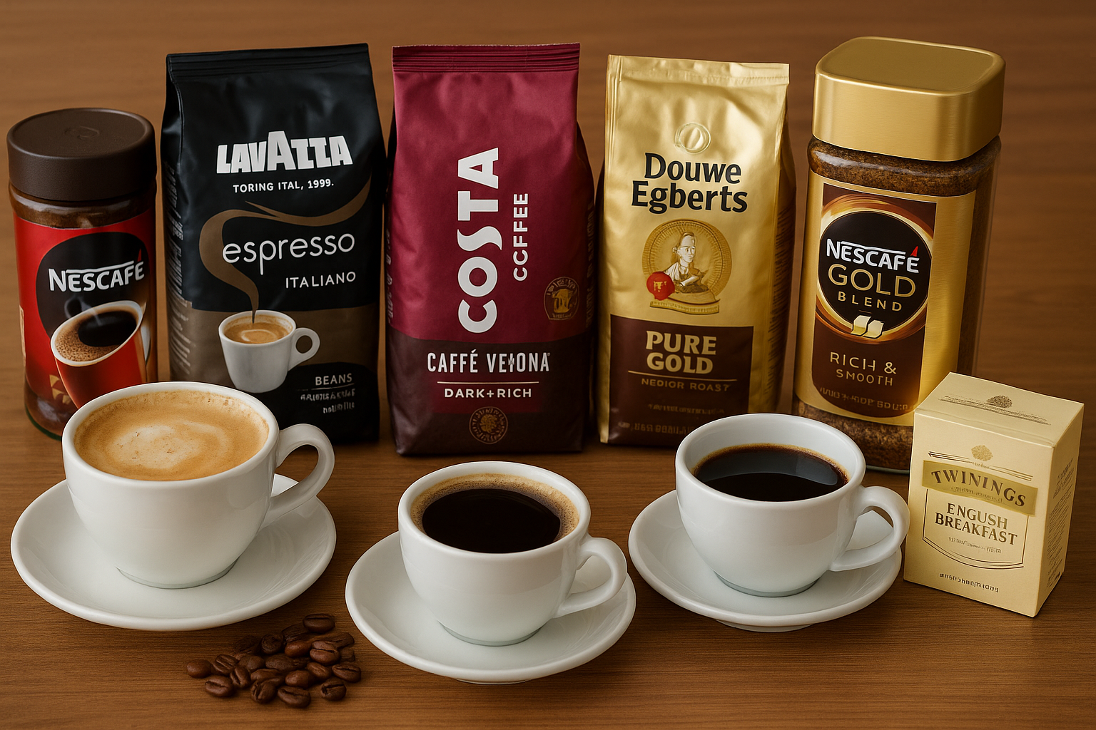 An assortment of coffee beans, three filled coffee cups with different coffee types, and various coffee products including Nescafe, Lavazza, Cosi, Douwe Egberts, and Twinings tea on a wooden surface.