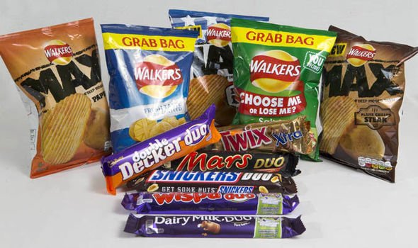 Assorted snack bags and candy bars, including Walkers potato chips, Mars Duo, Snickers, Dairy Milk Duo, and Double Decker Duo, displayed on a white surface.