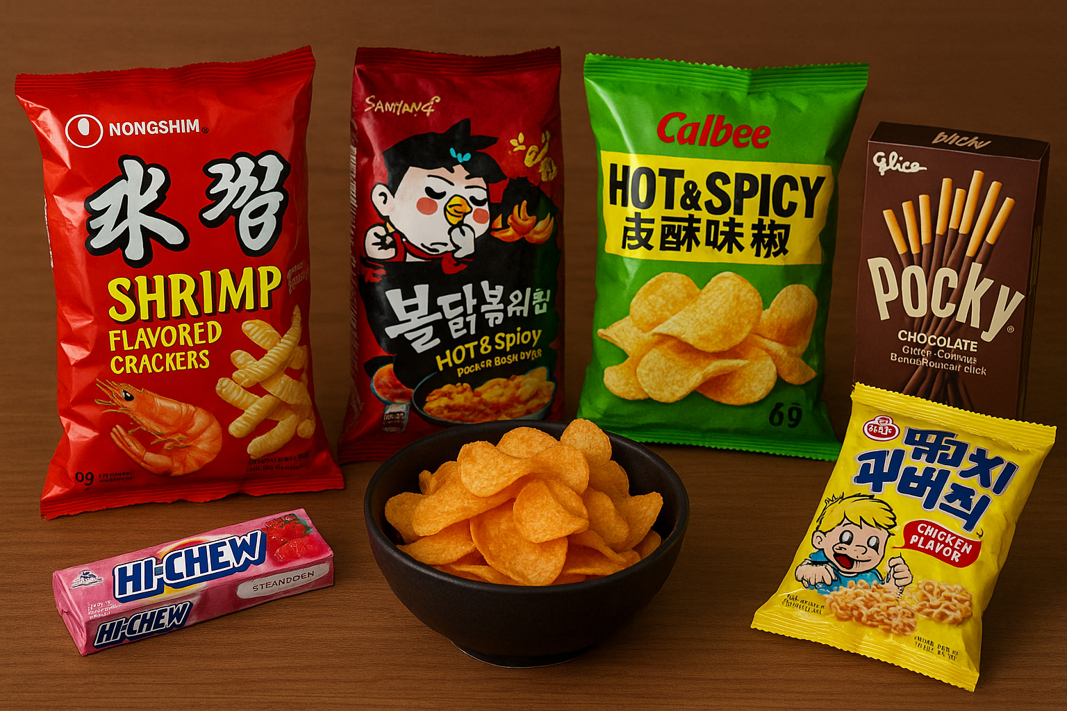 A variety of Asian snack foods including shrimp crackers, spicy chicken flavored chips, potato chips, chocolate Pocky, Hi-Chew candy, and chicken flavored snack in a black bowl.