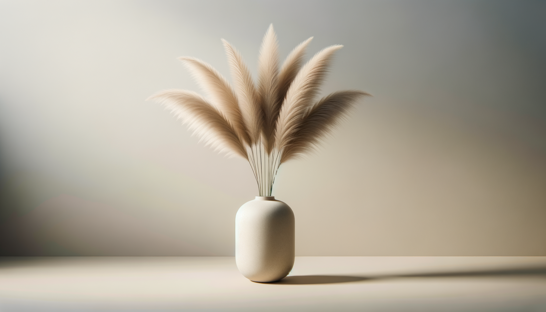 Beige vase containing tall, fluffy beige pampas grass on a light surface against a gradient background.