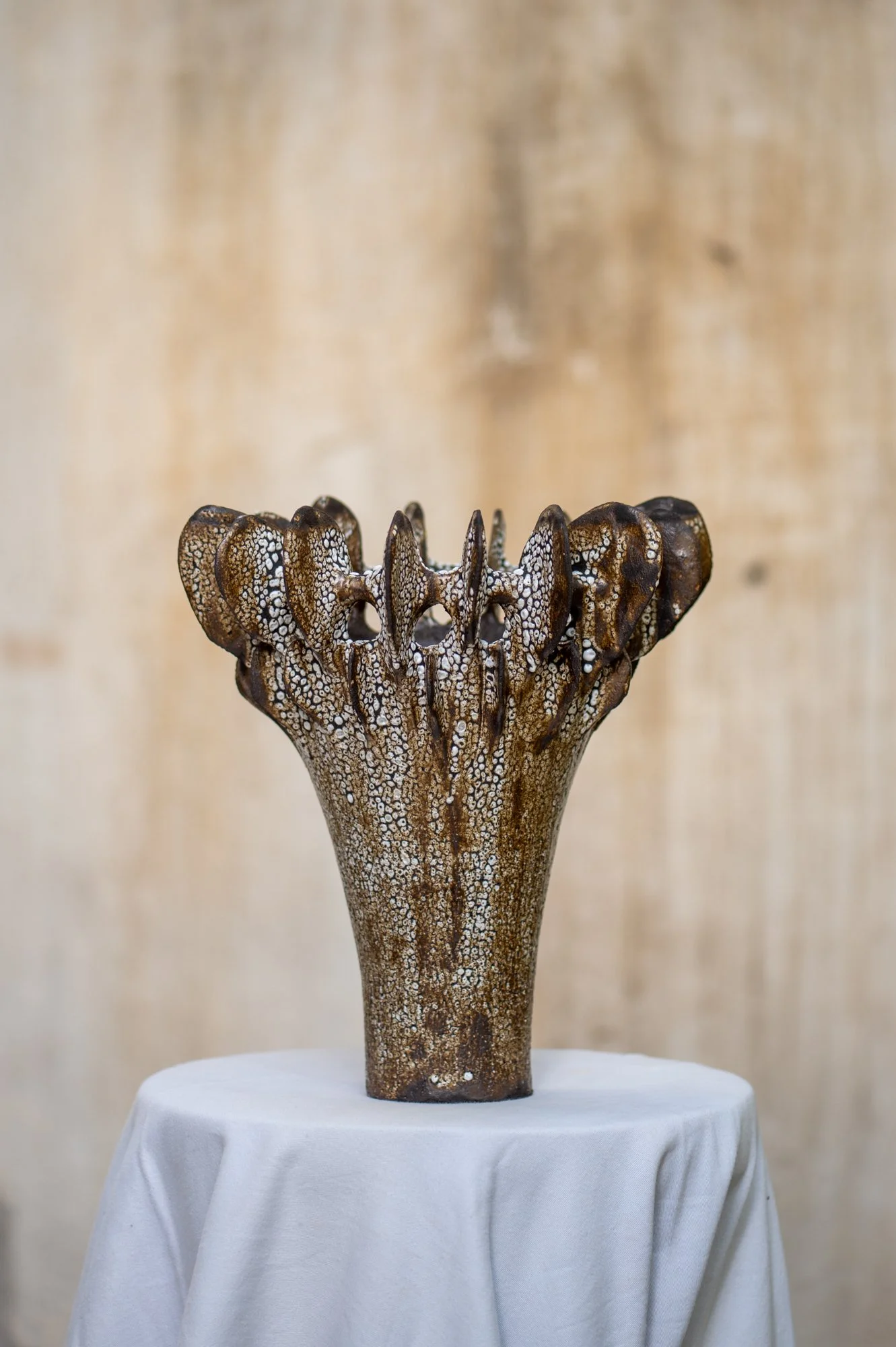 Crinoid Vase. Black clay. Crawl glaze 
Diameter 25 Height 30