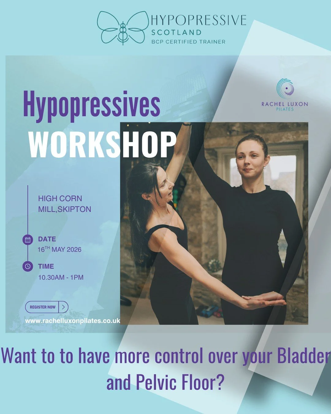 Join me for an informative and practical workshop.

If you suffer with stress incontinence, urge incontinence or Pelvic organ Prolapse.  If you want to Improve your posture, learn healthy functional breathing patterns and feel calm yet invigorated, t