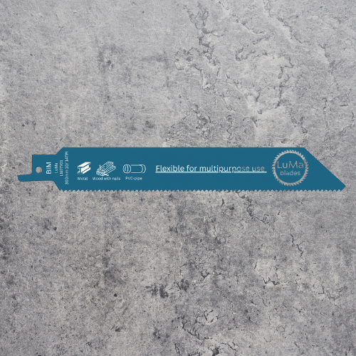 Blue multi-purpose hand saw with brand name LuMa blades, lying on a gray textured surface.