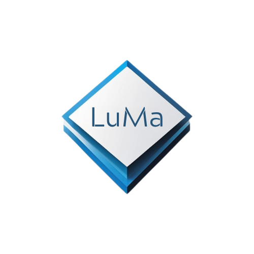 A logo with a stylized diamond shape made of layered blue shades, with the word "LuMa" written in the center.