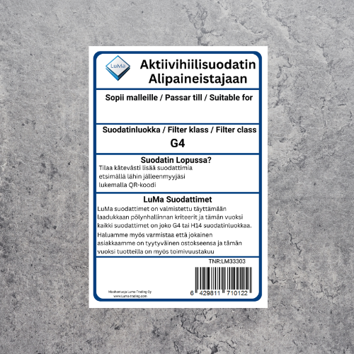 A Finnish water filter replacement label with text in Finnish and English, indicating it is suitable for a G4 filter class, and includes product and company information.