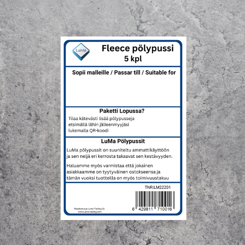 Package of five fleece scarves with labeling in Finnish and English, indicating suitability for face coverings and details about ordering and product information.