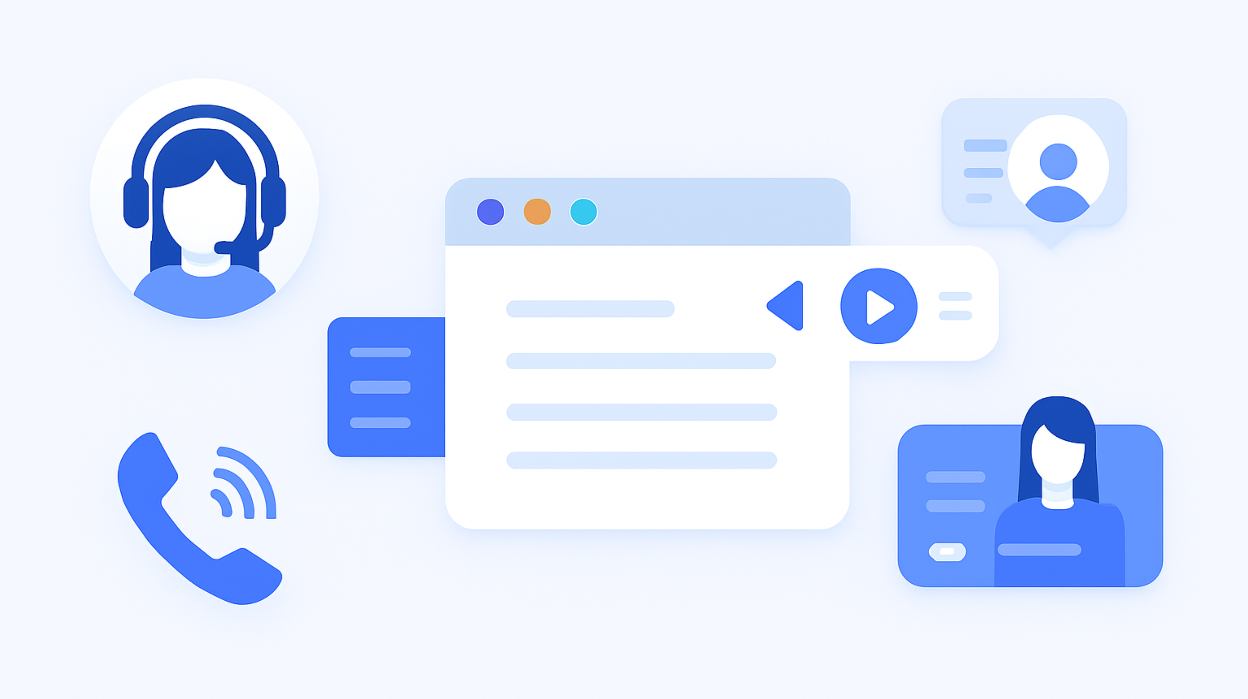 Illustration of a virtual communication platform with icons of a woman with a headset, a phone receiver, video call, and chat bubbles, representing customer service or online communication.