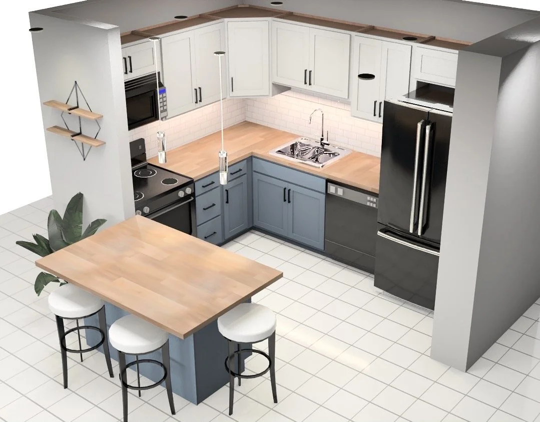 A modern kitchen with white and blue cabinets, a black refrigerator, stainless steel microwave, and oven, a wooden countertop, and white tiled flooring. There is a small eating area with a wooden table and three white stools.