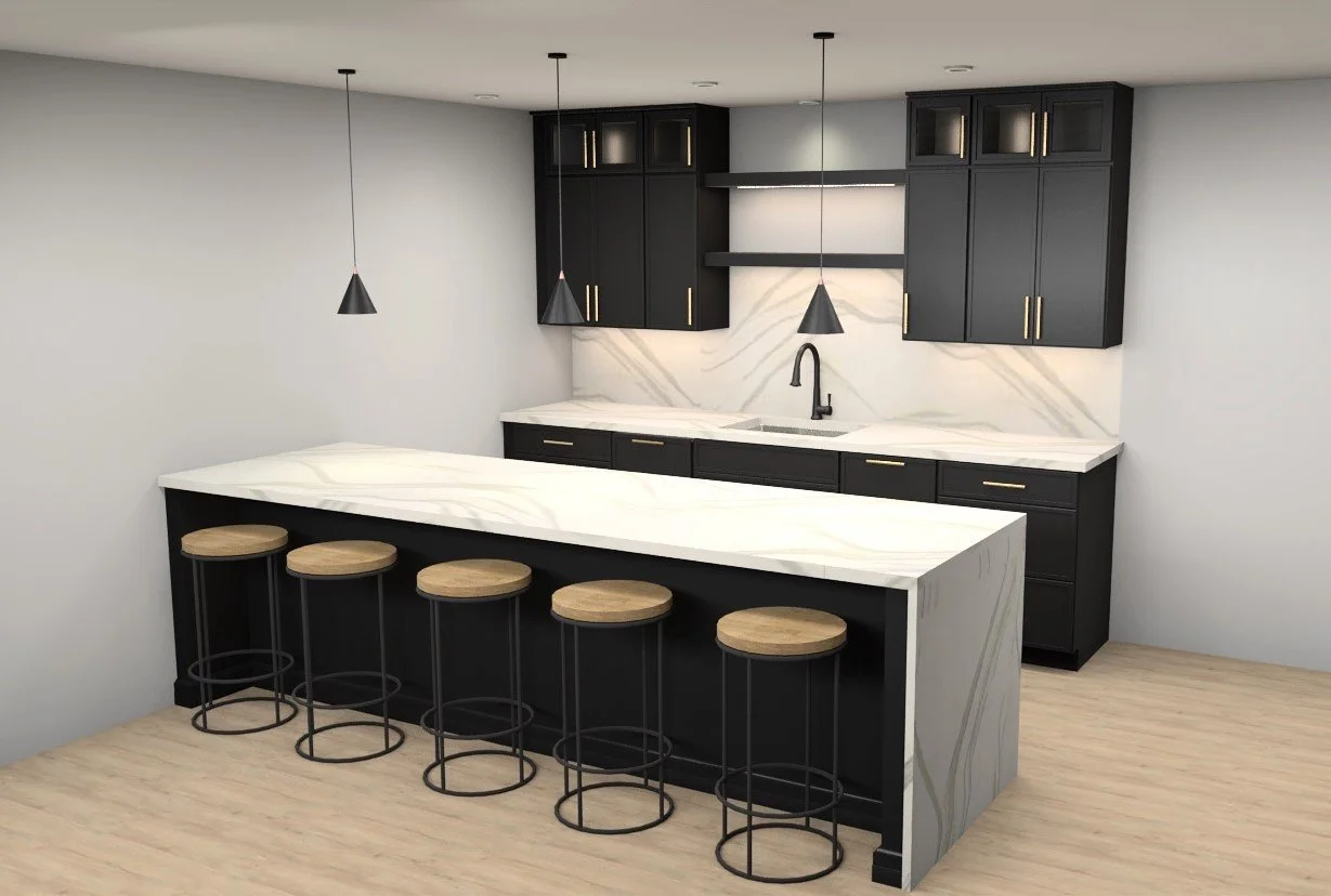 Modern kitchen with black cabinetry, white marble countertops, and a central island with wooden stools. Black pendant lights hang above the island, and there is a white marble backsplash behind the sink.