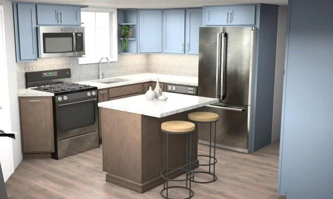 Modern kitchen with blue cabinets, stainless steel appliances, a white countertop island with two bar stools, and light wood flooring.