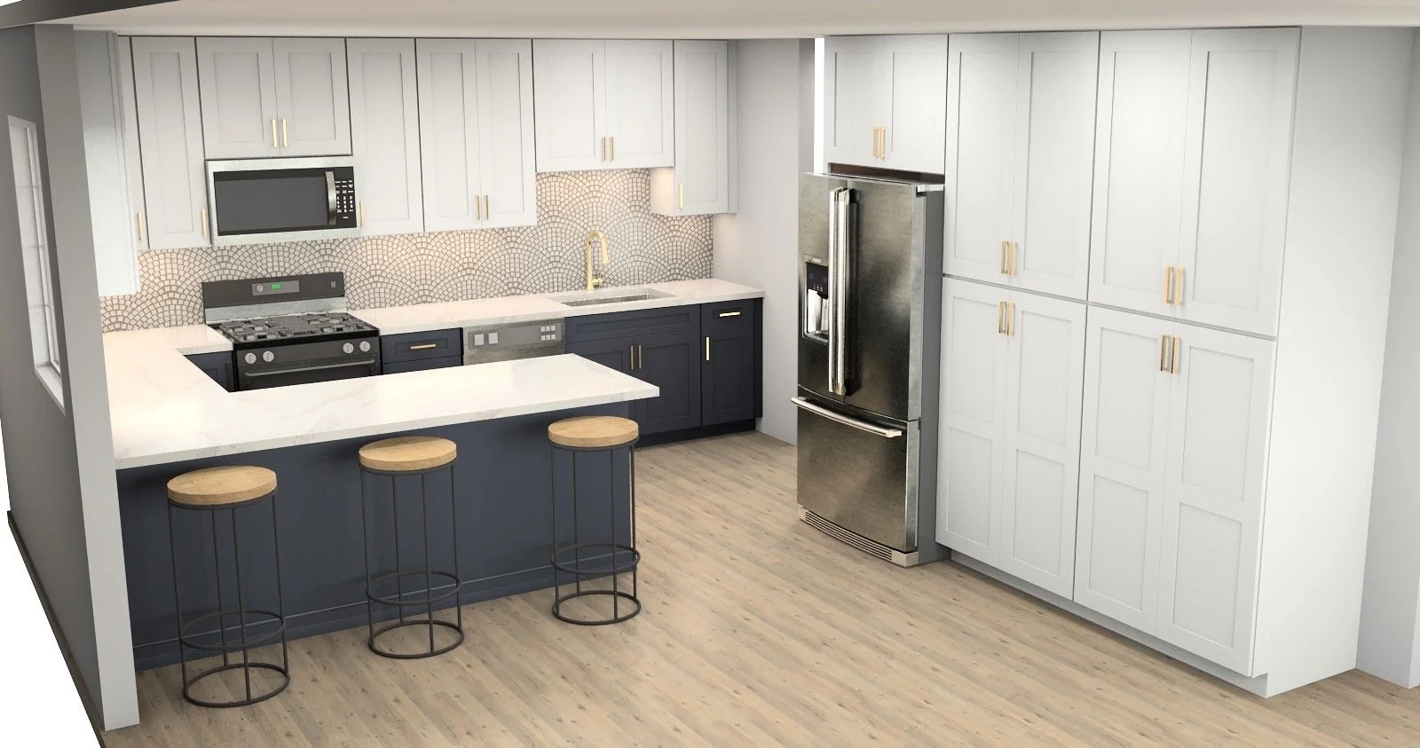 Modern kitchen with white and navy cabinets, stainless steel appliances, a patterned backsplash, a kitchen island with three wooden bar stools, light wood flooring, and a window to the left.