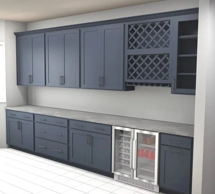Kitchen cabinetry with upper and lower blue cabinets, a gray countertop, a built-in mini fridge, and open shelves on the right side, in a modern setting.