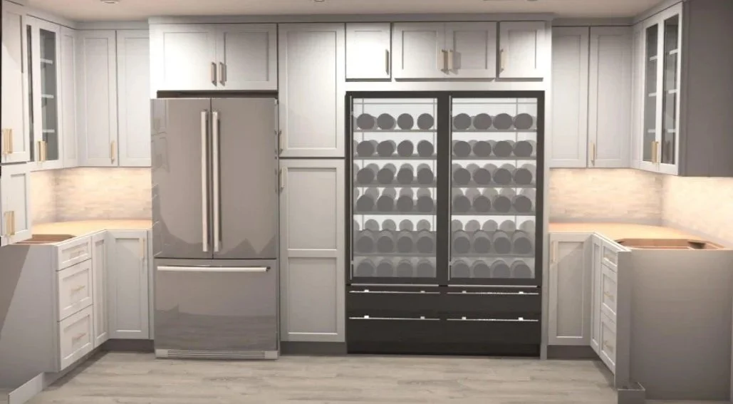 Modern kitchen with white cabinets, a large stainless steel refrigerator, and a black wine fridge with glass doors filled with wine bottles.