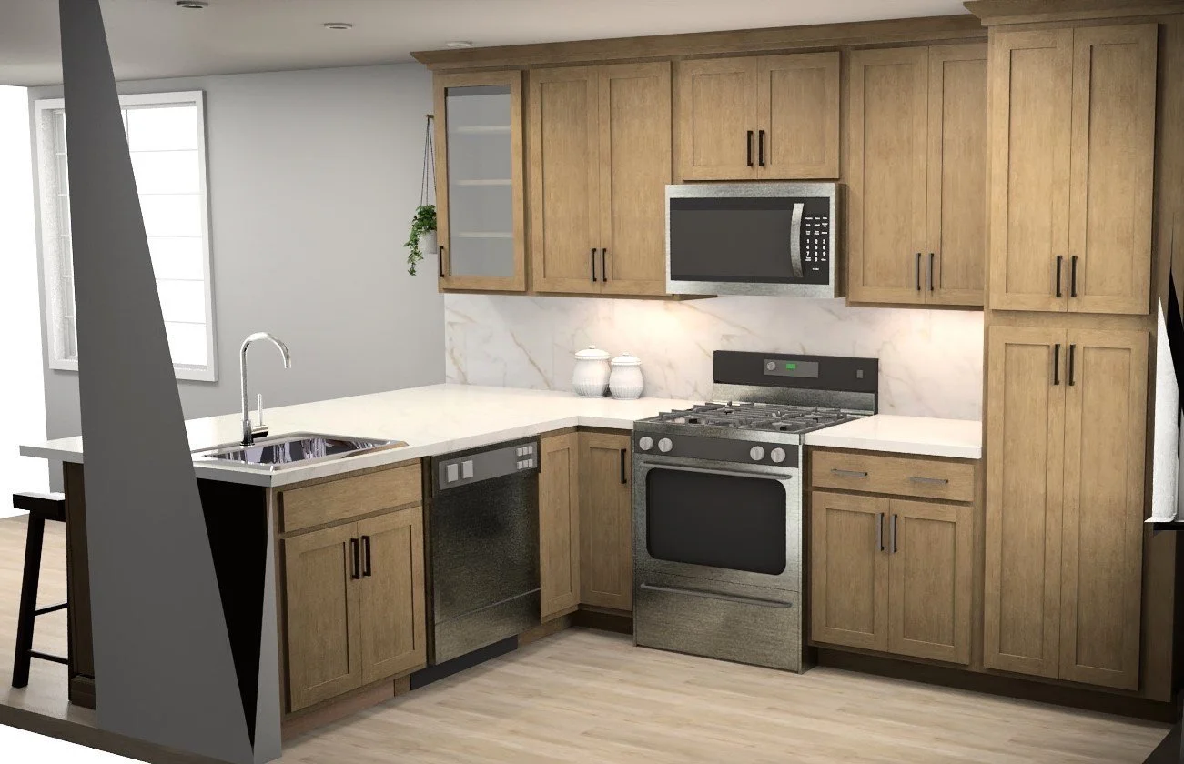 Kitchen with wooden cabinets, a marble backsplash, stainless steel microwave, stove, dishwasher, and a sink, with a window on the left side.