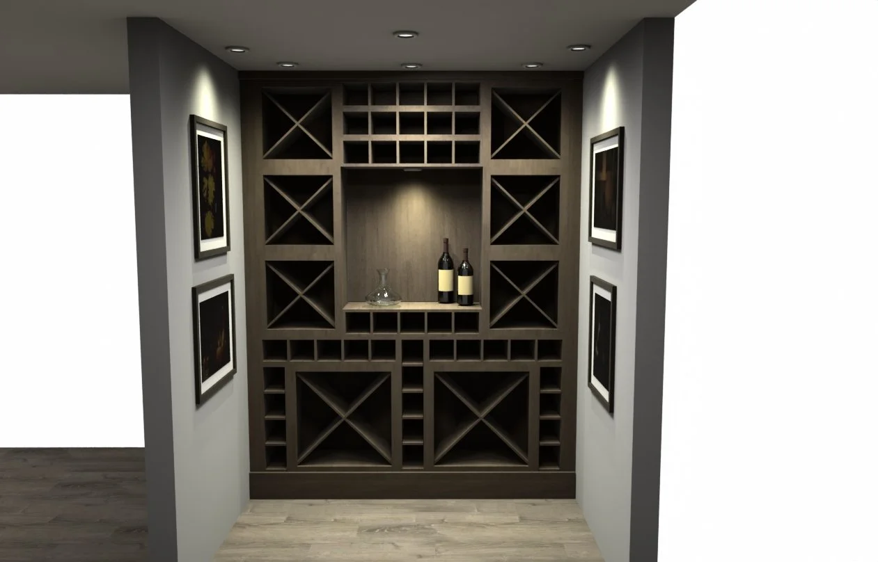 Built-in wooden wine rack with bottles and glassware, flanked by framed photos on both sides, in a modern home interior.