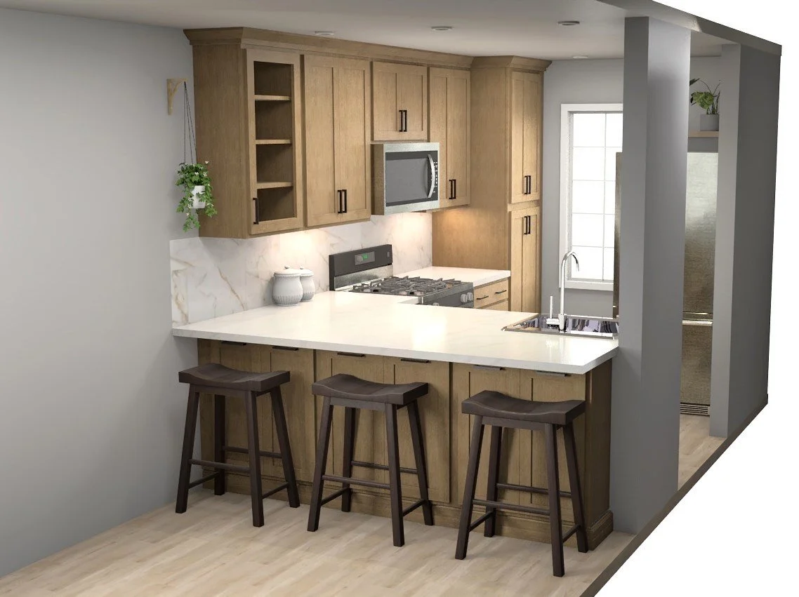 Kitchen with wooden cabinets, a white marble backsplash, a stove, microwave, and small window, with three bar stools at a white counter.