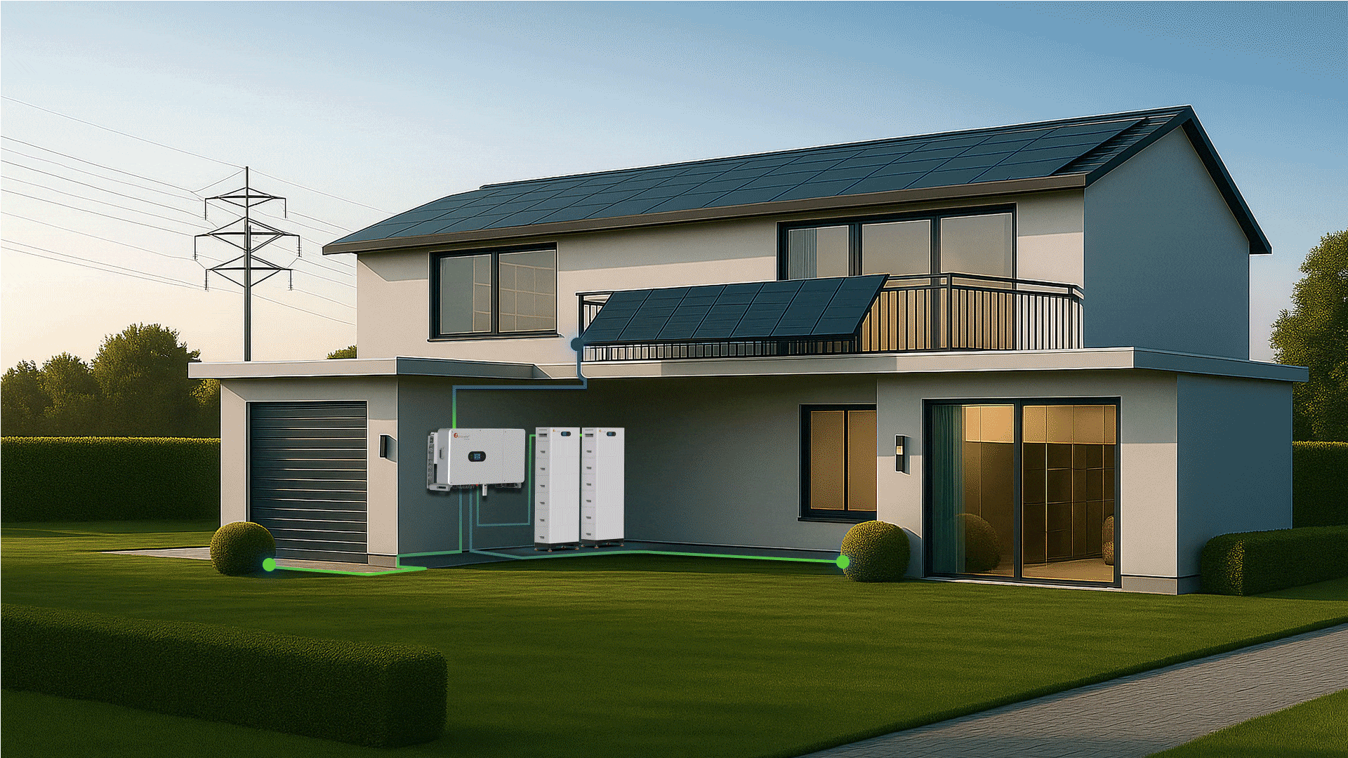 Modern two-story house with solar panels on the roof, a garage, and an energy system on the side connected to the house