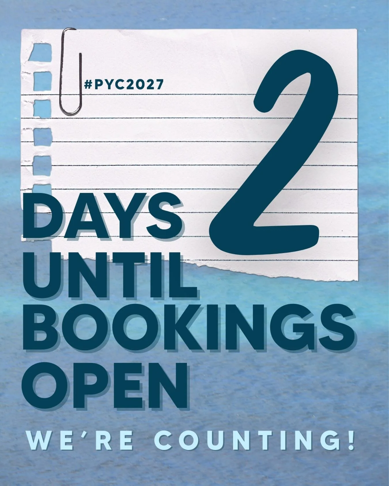The countdown is back!

Just 2 short days until bookings are open ⏳

Refer to our latest post for information regarding how this round of bookings will work.

We can&rsquo;t wait to see you in Perth for #PYC2027 🩵
