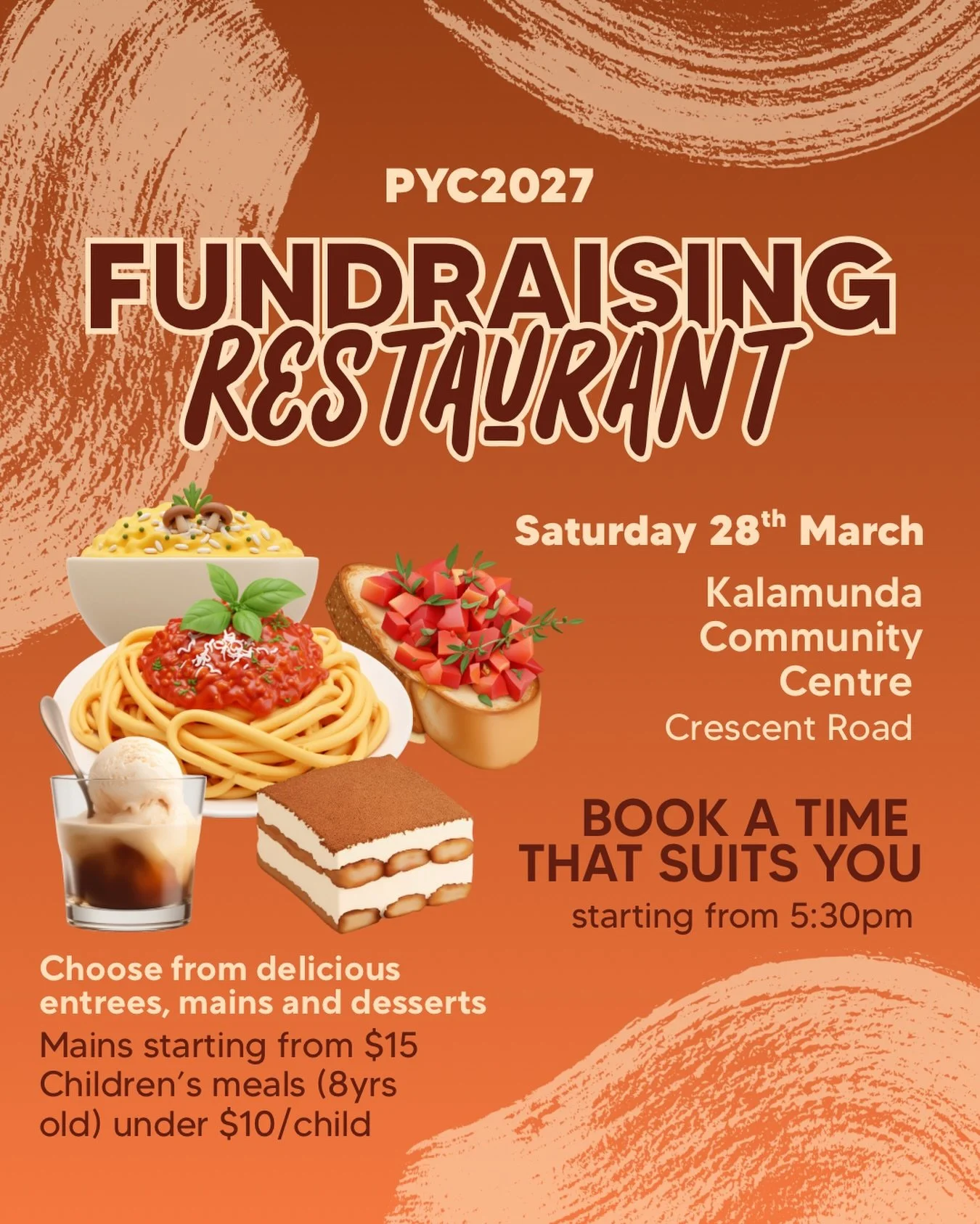 🍝FUNDRAISING RESTAURANT NIGHT✨🍮

Perth Conference is hosting its first PYC fundraising restaurant night &mdash; and you&rsquo;re invited!

Join us for a delicious restaurant-style evening with great food, great company, and all in support of the 20