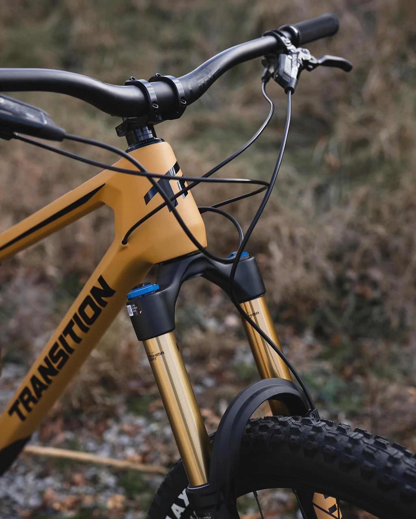 Close-up of a Transition mountain bike's front section, showing the handlebar, suspension fork, and front tire, with a blurred outdoor background.