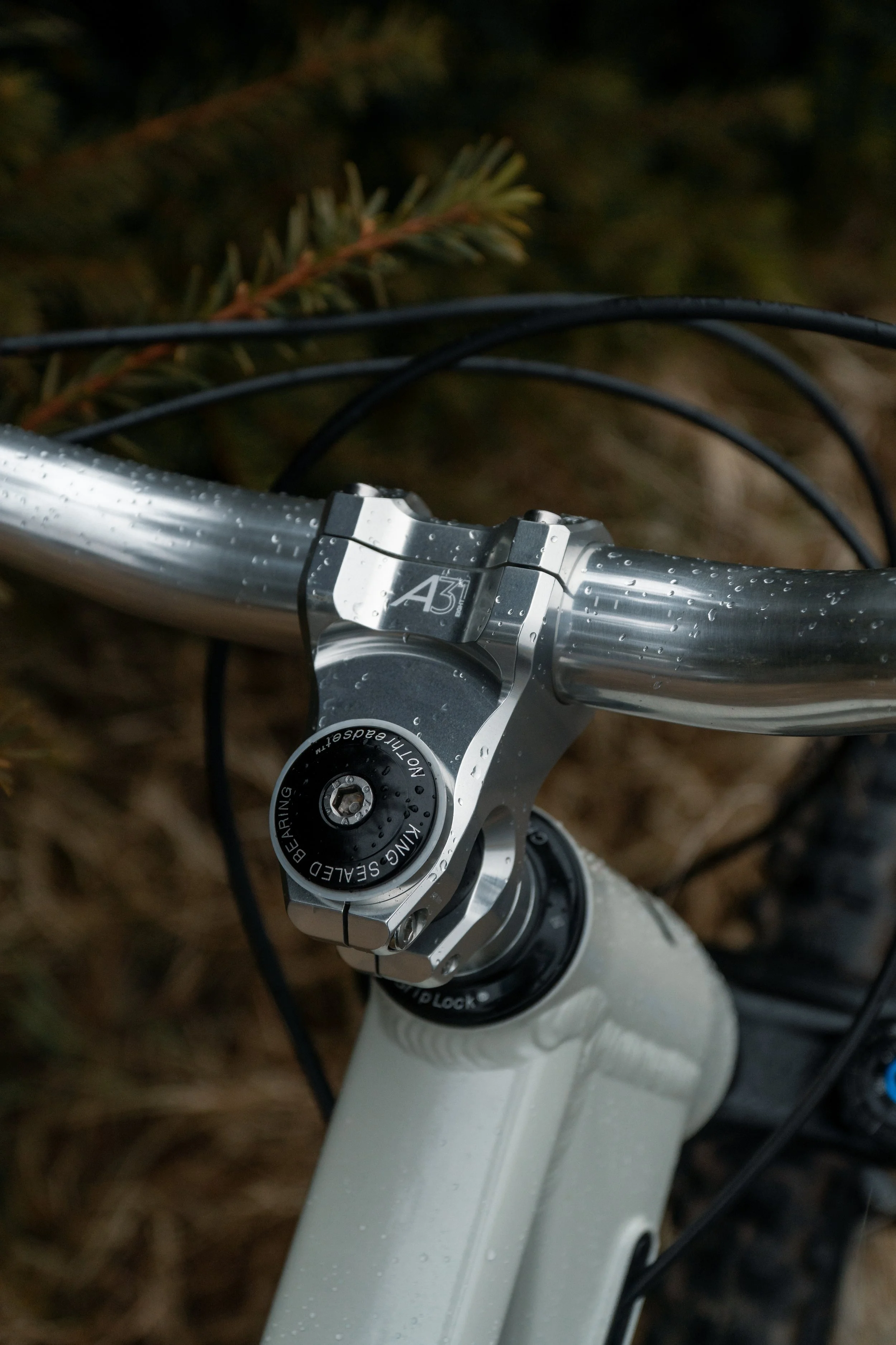 Close-up of a mountain bike handlebar, stem, and front suspension fork with water droplets on the surfaces, surrounded by a natural outdoor environment.