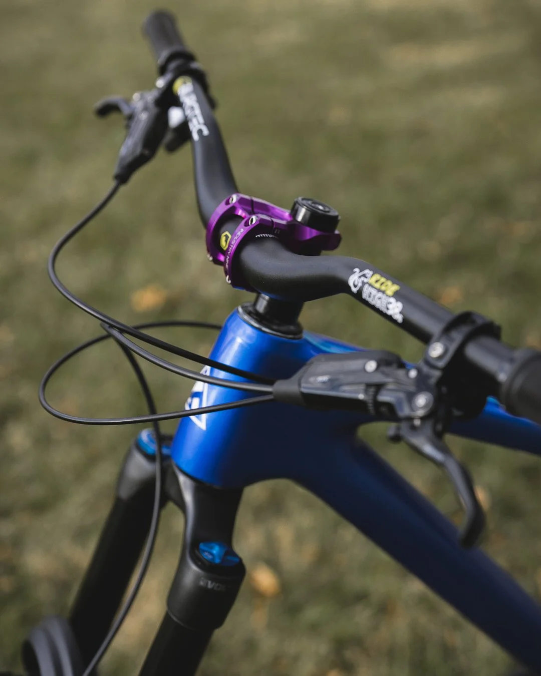 Close-up of a mountain bike's handlebar with purple hydraulic brake lever, black grips, and cables. The frame is blue with hydraulic suspension visible on the front fork.