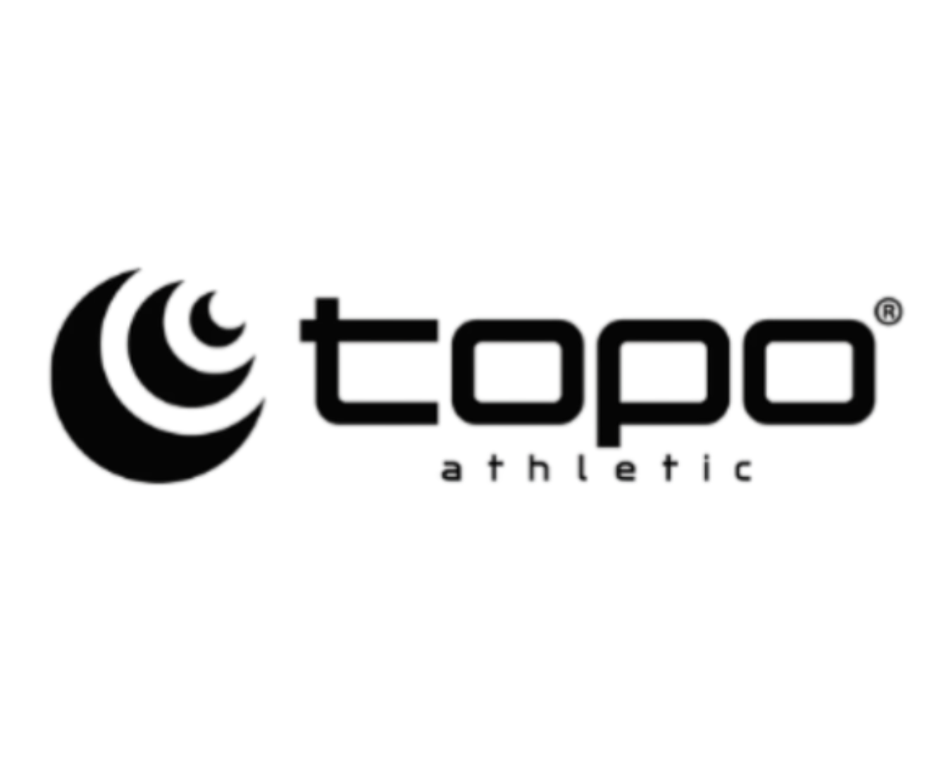 Logo for Topo athletic featuring a stylized crescent moon with concentric circles inside it, and the words "topo athletic" in lowercase letters.