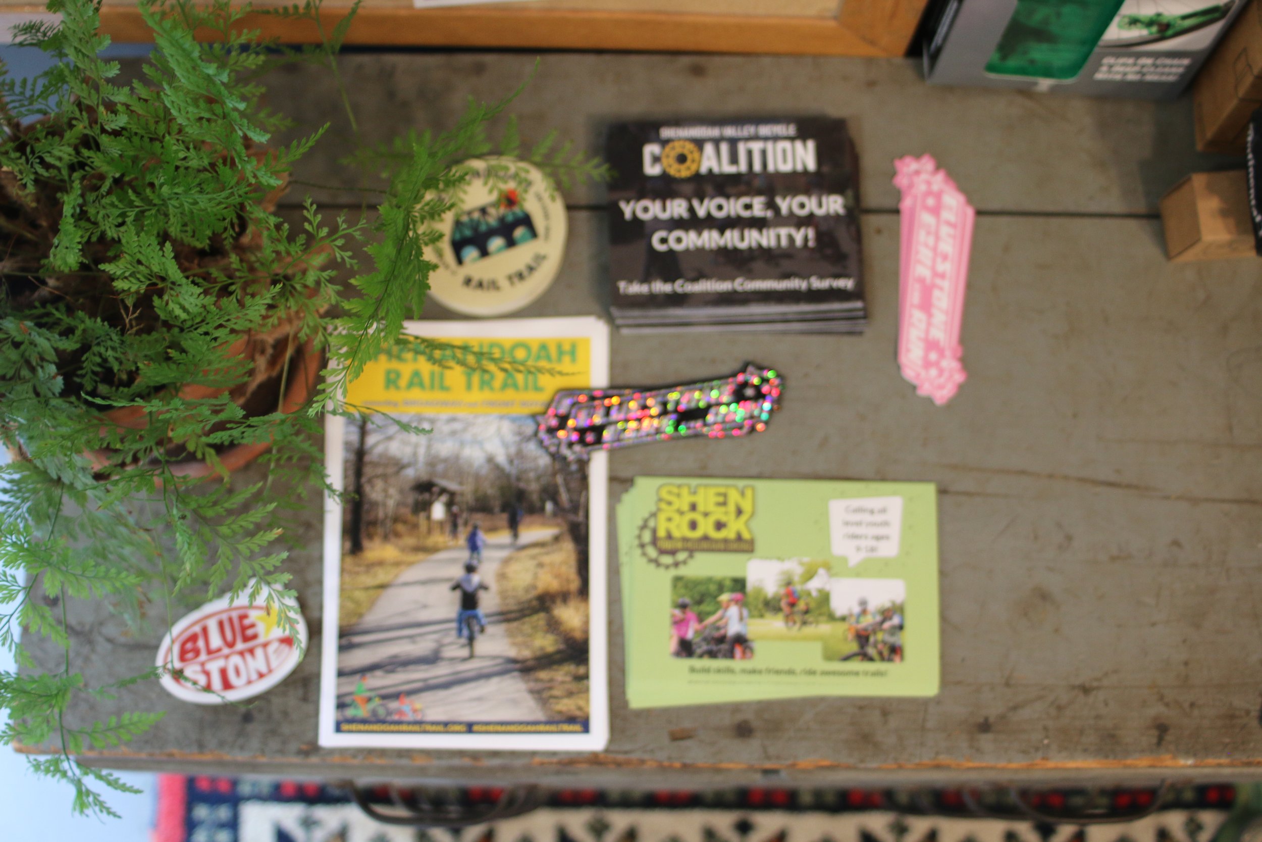 Various colorful stickers and brochures on a wooden surface, including a green Fern plant, a 'Blue Stone' sticker, a 'Nez Perzoah Rail Trail' brochure, a 'Coalition' flyer, a 'Shen Rock' flyer, and race tickets.