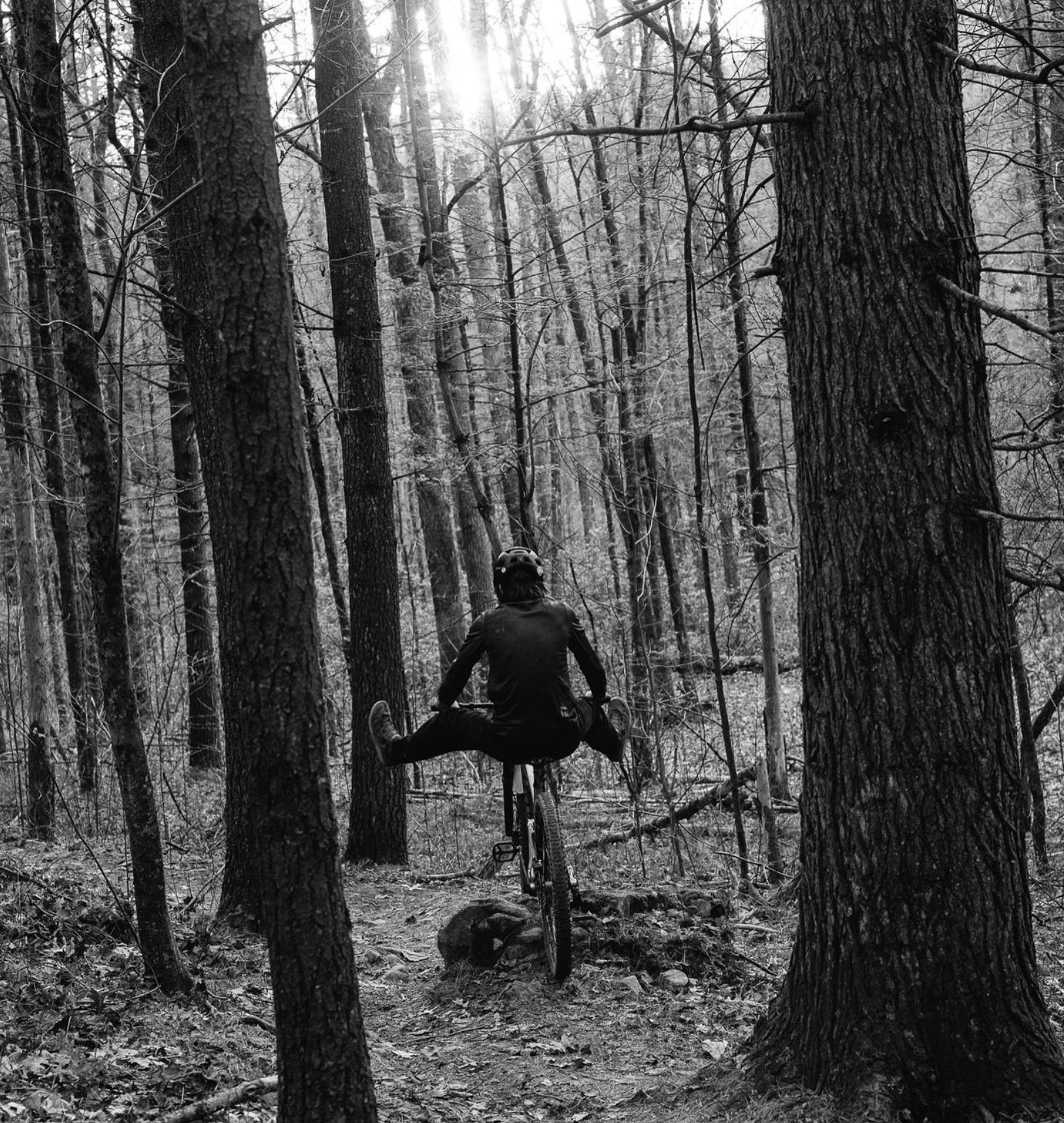 A person riding a mountain bike through a forest with tall trees, captured in black and white, with sunlight filtering through the trees.