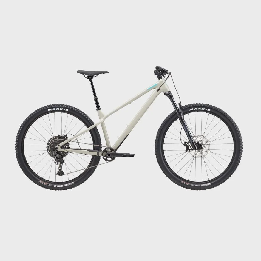 A white mountain bike with black tires and saddle, against a plain light background.