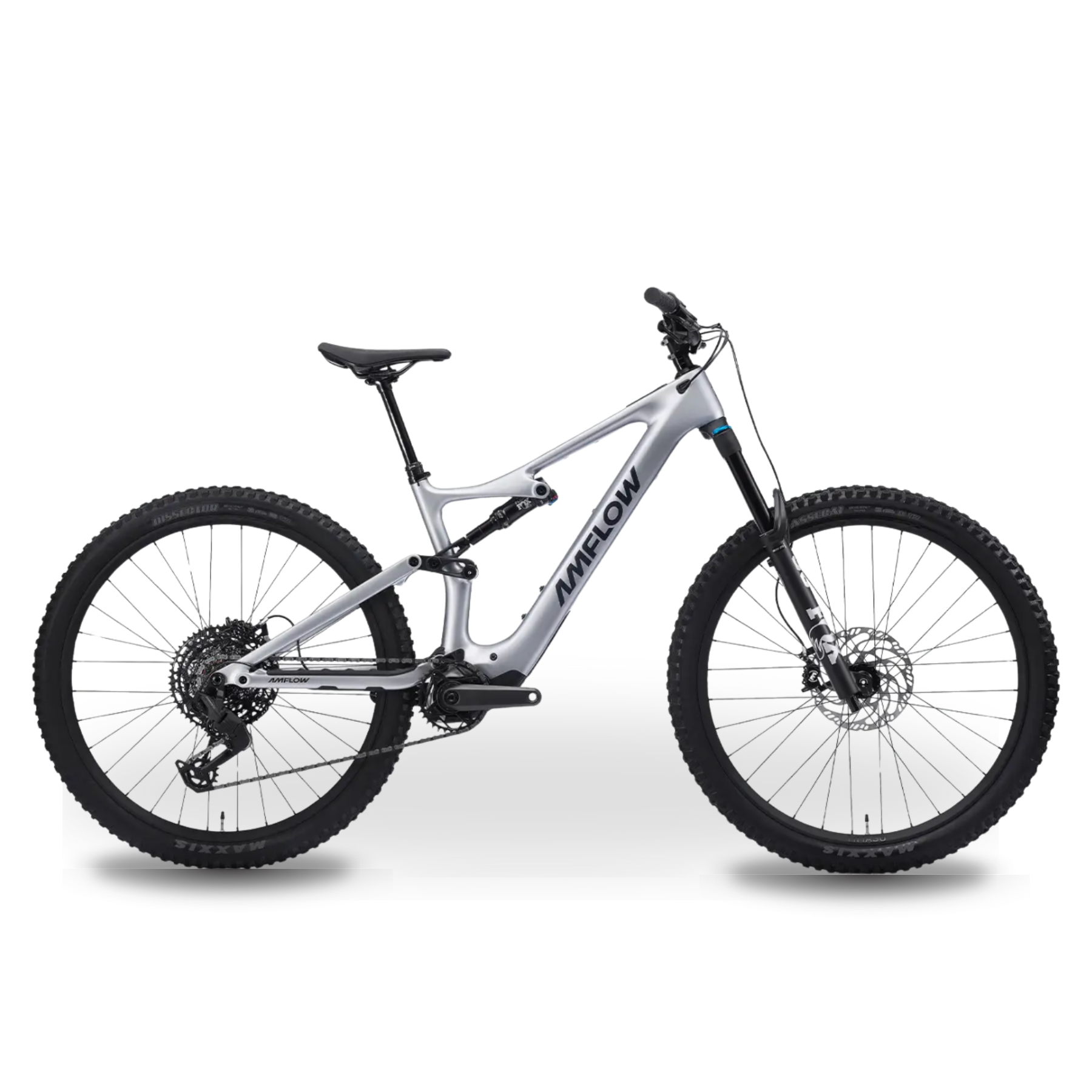 A silver and black mountain bike with 29-inch wheels, a full suspension frame, disc brakes, and Maxxis tires.