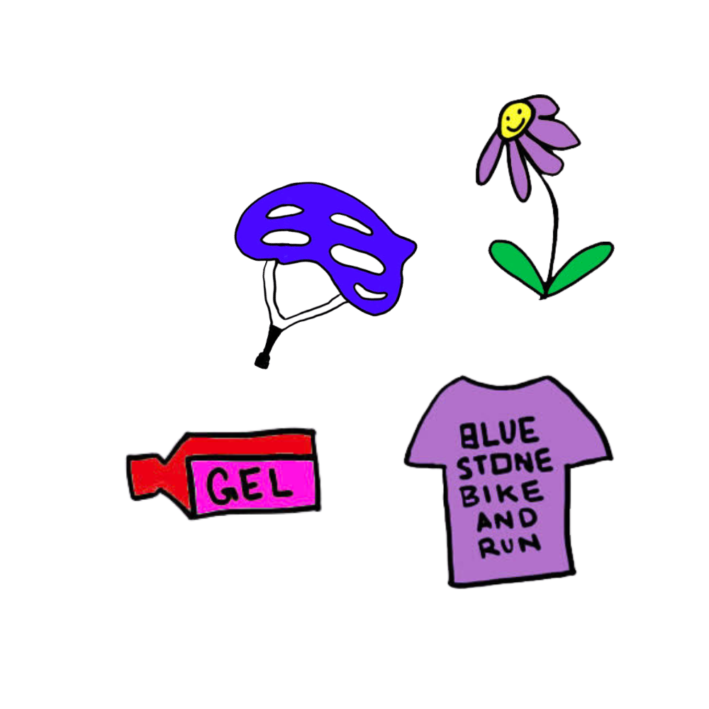 Drawing of a drawer with cycling and outdoor activity items: a purple mushroom, a sunflower, a tube of gel, and a purple T-shirt that says 'Blue Stone Bike and Run'.