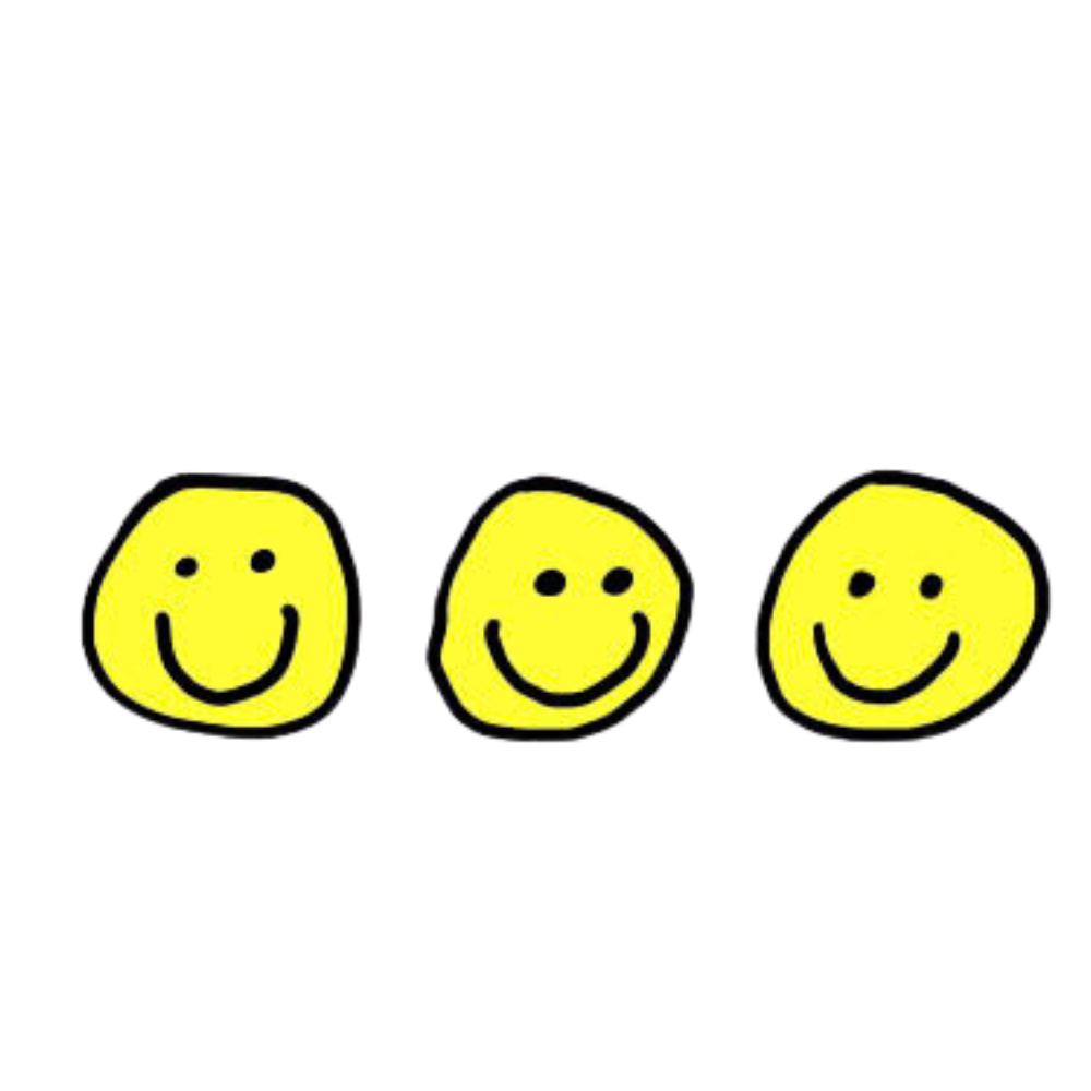 Three yellow smiley face drawings with black outlines and simple facial features, arranged side by side.