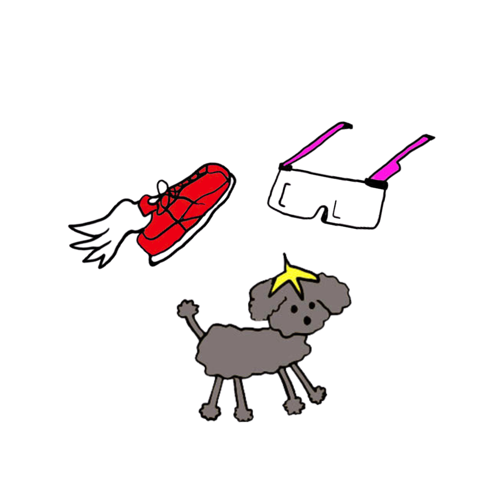 A cute illustration of a small gray dog with a yellow star on its head, reaching up with its paw towards a red toy fire extinguisher and a purple and green box.