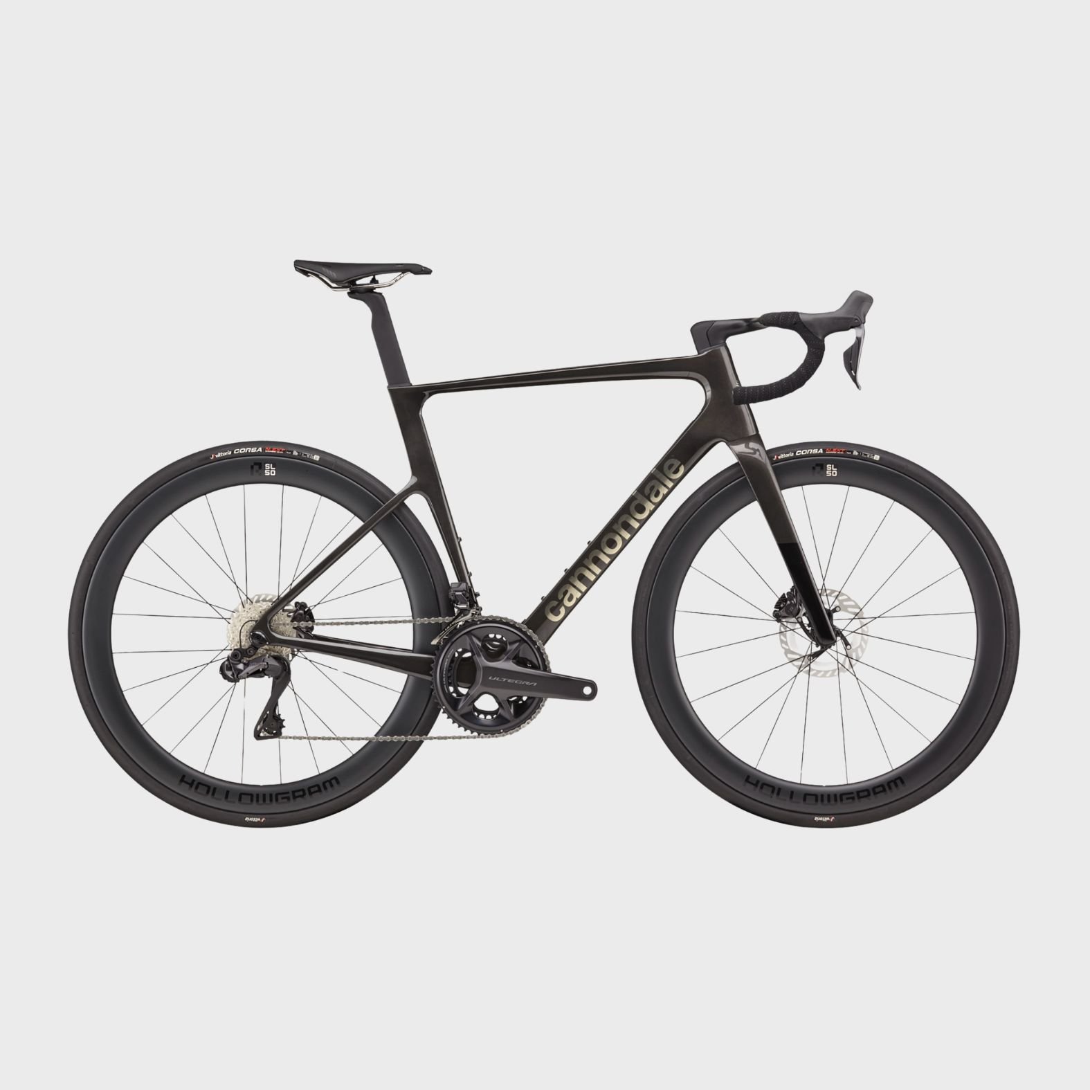 Black Cannondale road bike with disc brakes and deep-section wheels, set against a plain light background.