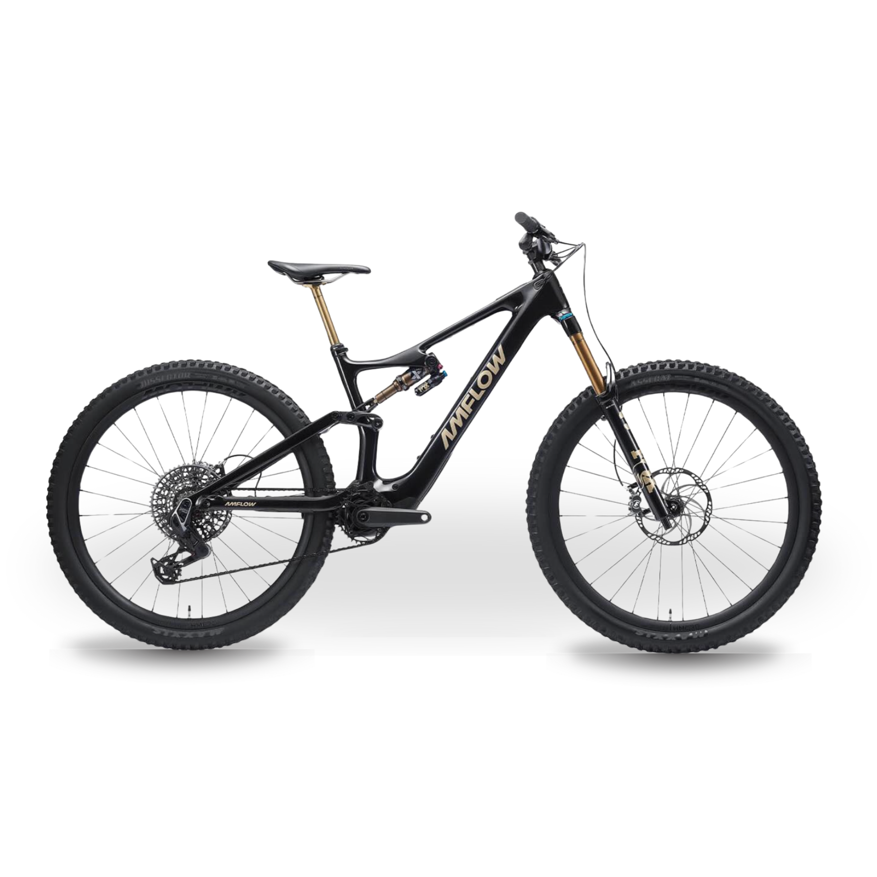 Black and gold mountain e-bike with full suspension, knobby tires, and disc brakes against a black background.