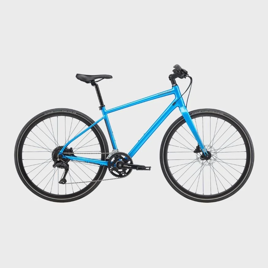 Blue mountain bike with black tires and a black saddle, set against a plain white background.