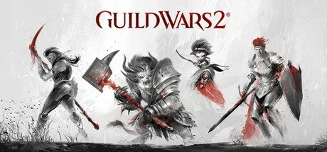 Promotional art for Guild Wars 2 featuring four fantasy characters with weapons and armor