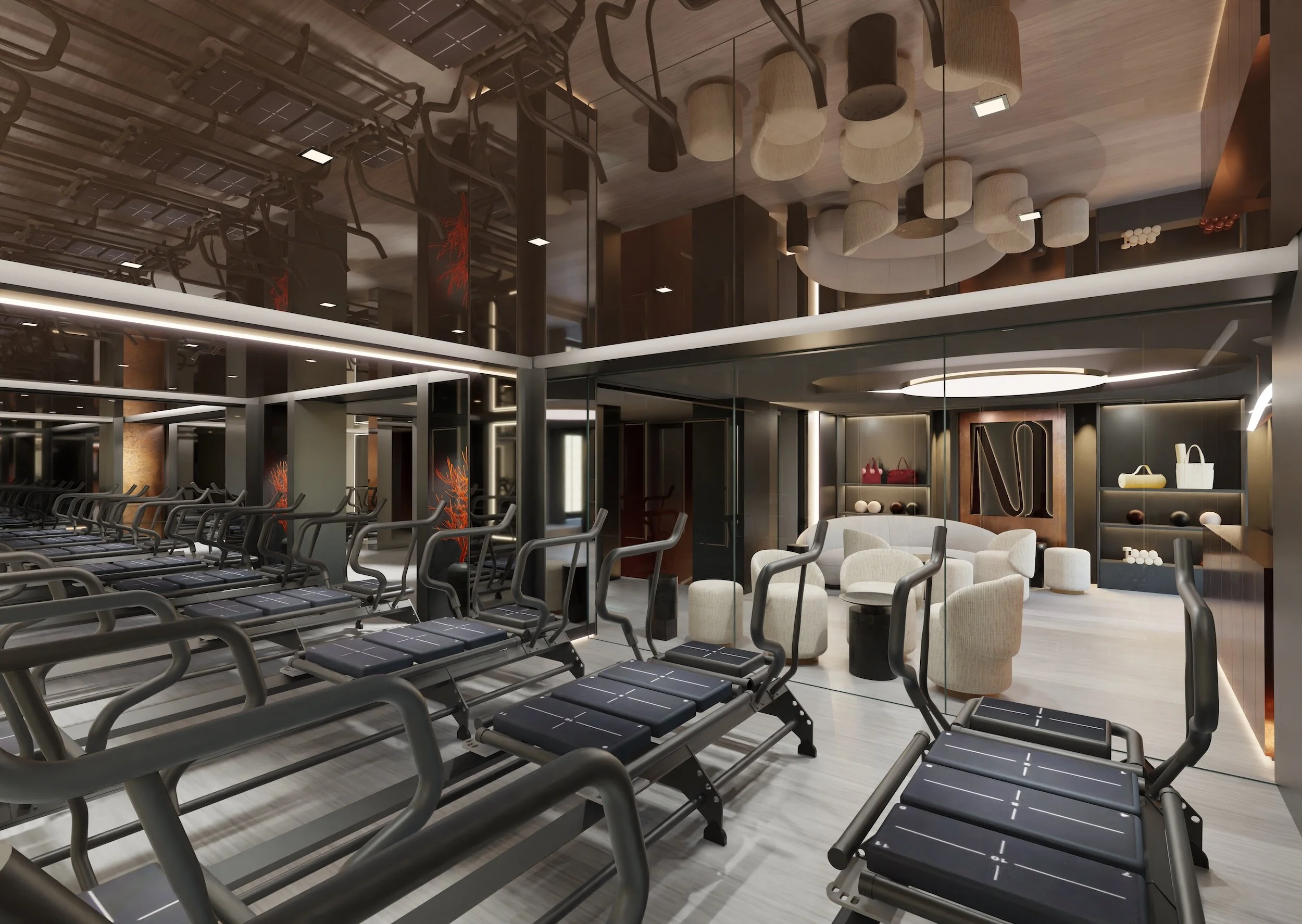 Une salle de sport moderne avec des tapis de course en rangée et un espace salon avec des fauteuils blancs, des décorations modernes et un plafond en bois avec des éléments acoustiques suspendus.