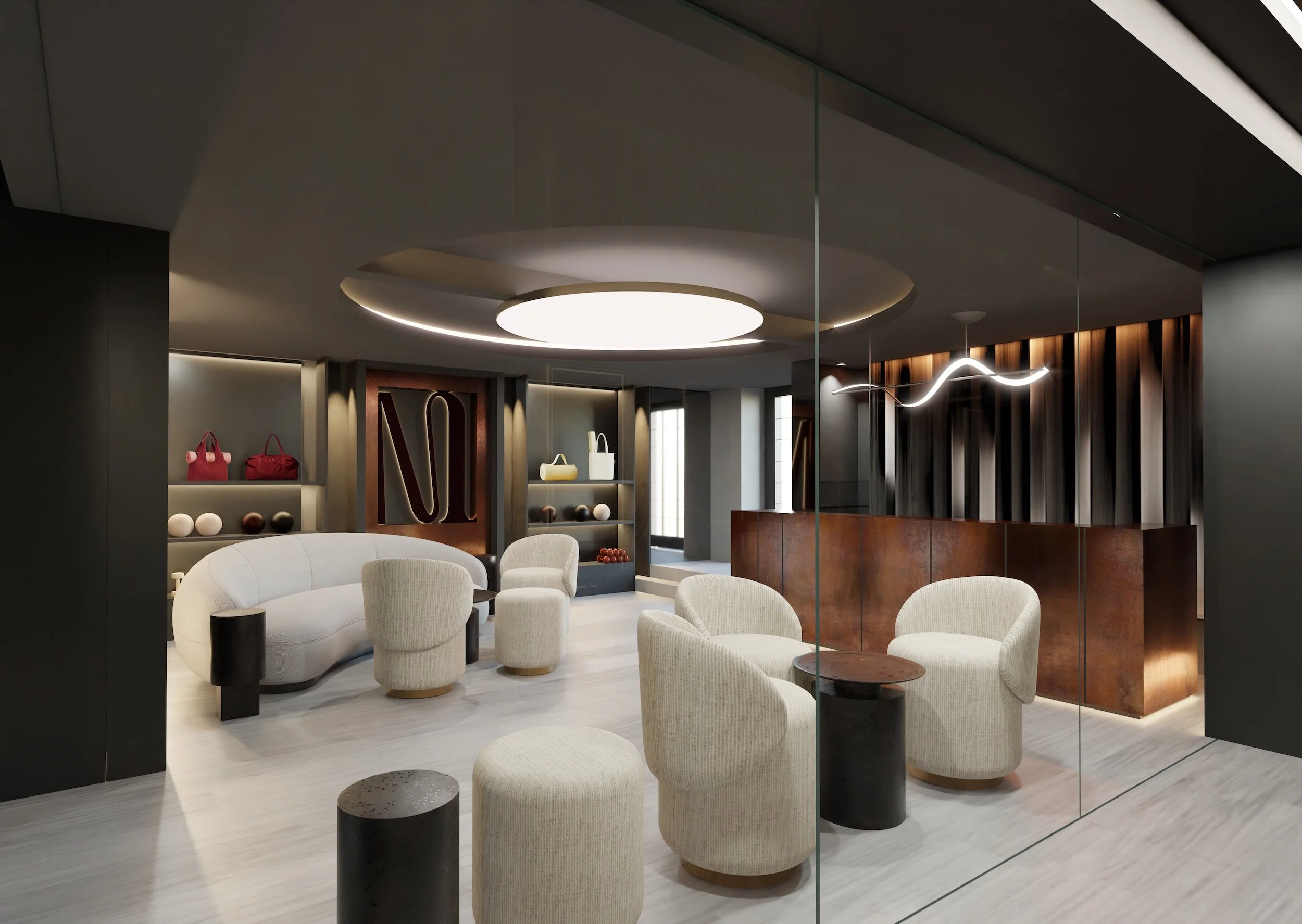 Espace lounge moderne avec fauteuils beige, tables noires, étagères avec sacs à main rouges et blanche, et éclairage élégant au plafond.