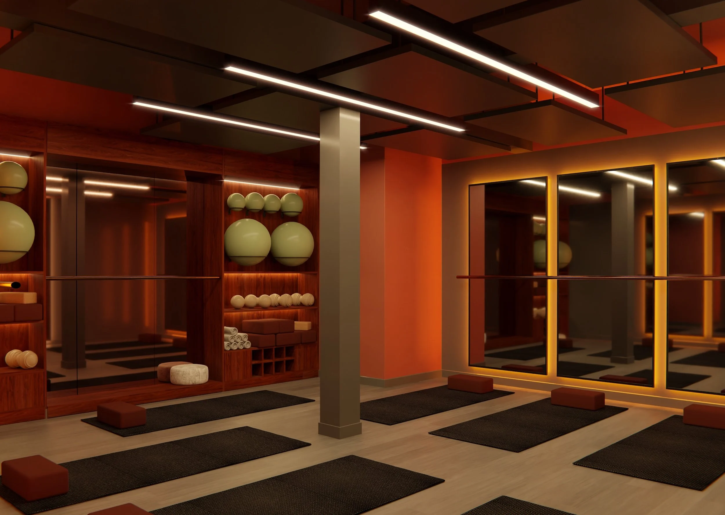 Intérieur d'un espace de bien-être ou spa avec des murs en bois, des balles de pilates, des tapis de yoga, un miroir et un éclairage moderne suspendu au plafond.