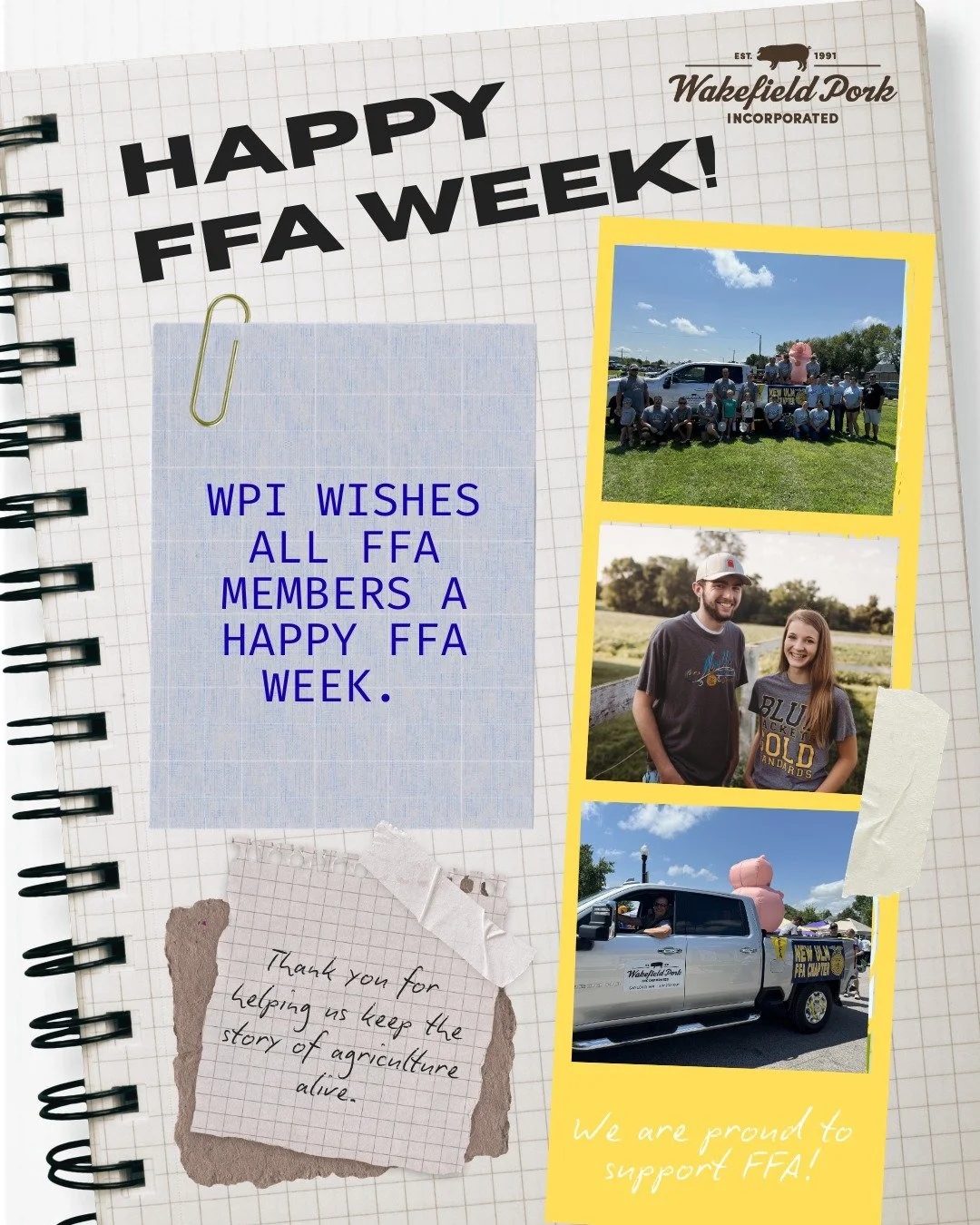 WPI would like to wish all FFA members and alumni a happy National FFA Week! 🌽 We are proud to support developing youth in agriculture. 

Make sure to comment the CDE or LDE you are competing in this year! 📋️ 

#FFA #NationalFFAWeek #TeamWPI #Wakef