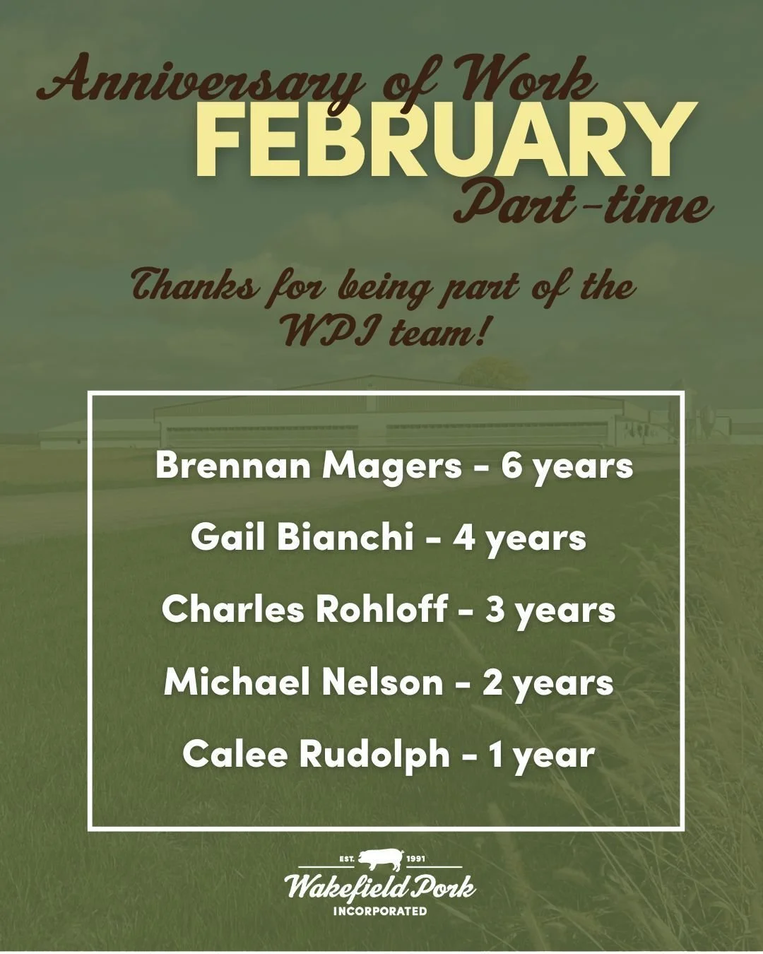🎉This month, we are congratulating five part-time employees that reached milestones this month!
Thank you to these employees for helping move WPI forward every day! We appreciate your efforts!

#TeamWPI #WorkAnniversary #WakefieldPork