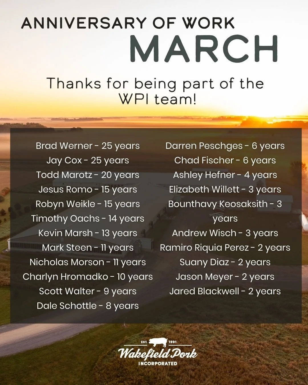 Another month of celebrating our employees' anniversaries of work! 🎉 We also have not one, but THREE special anniversary spotlights this month! Thank you for being part of Wakefield Pork's success; we appreciate you. If you know someone on this list