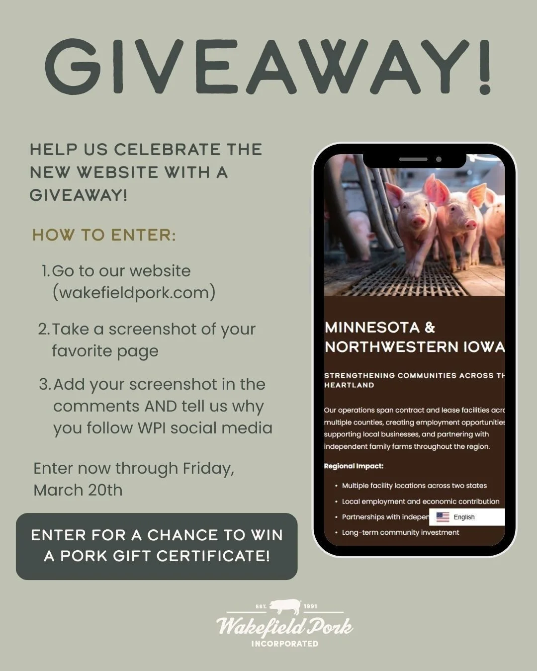 Want to help us celebrate our new website?! Enter our giveaway for a chance to win a pork gift certificate that can be used at a retailer, restaurant, or meat market in Minnesota or Iowa. 

We'd love to hear what you think -- tell us your favorite pa