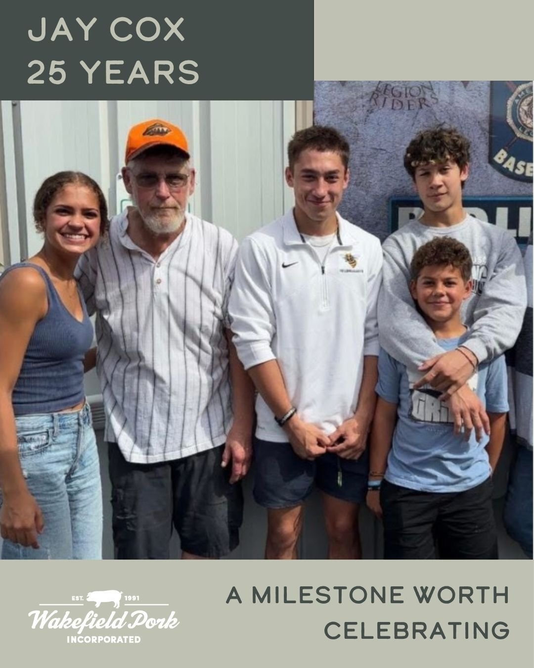 🎉 Celebrating 25 years with WPI! 🎉
We have yet another employee to recognize this month. Jay Cox, a Sow Farm Technician, has been with us for 25 years!

"Wakefield Pork has been an awesome company to work for. Top company in the industry, prov