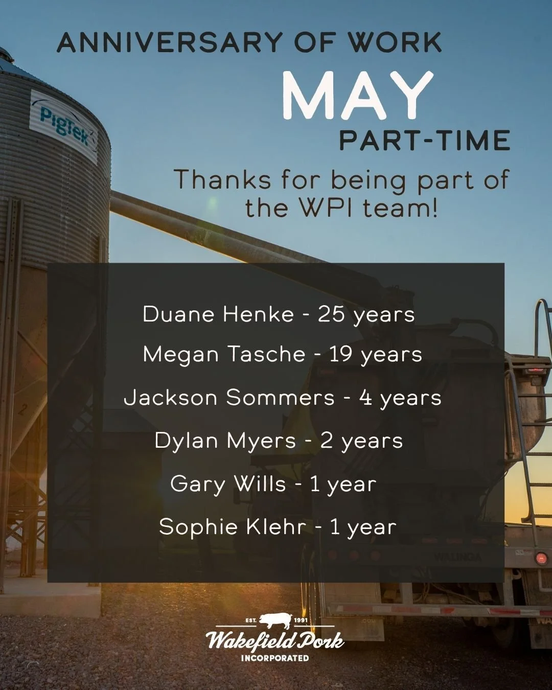 We have six part-time employees celebrating their work anniversaries this month. We are happy to have them as part of the Wakefield Pork team! Help us recognize these employees' efforts! 👏 

#WPITeam #WorkAnniversary